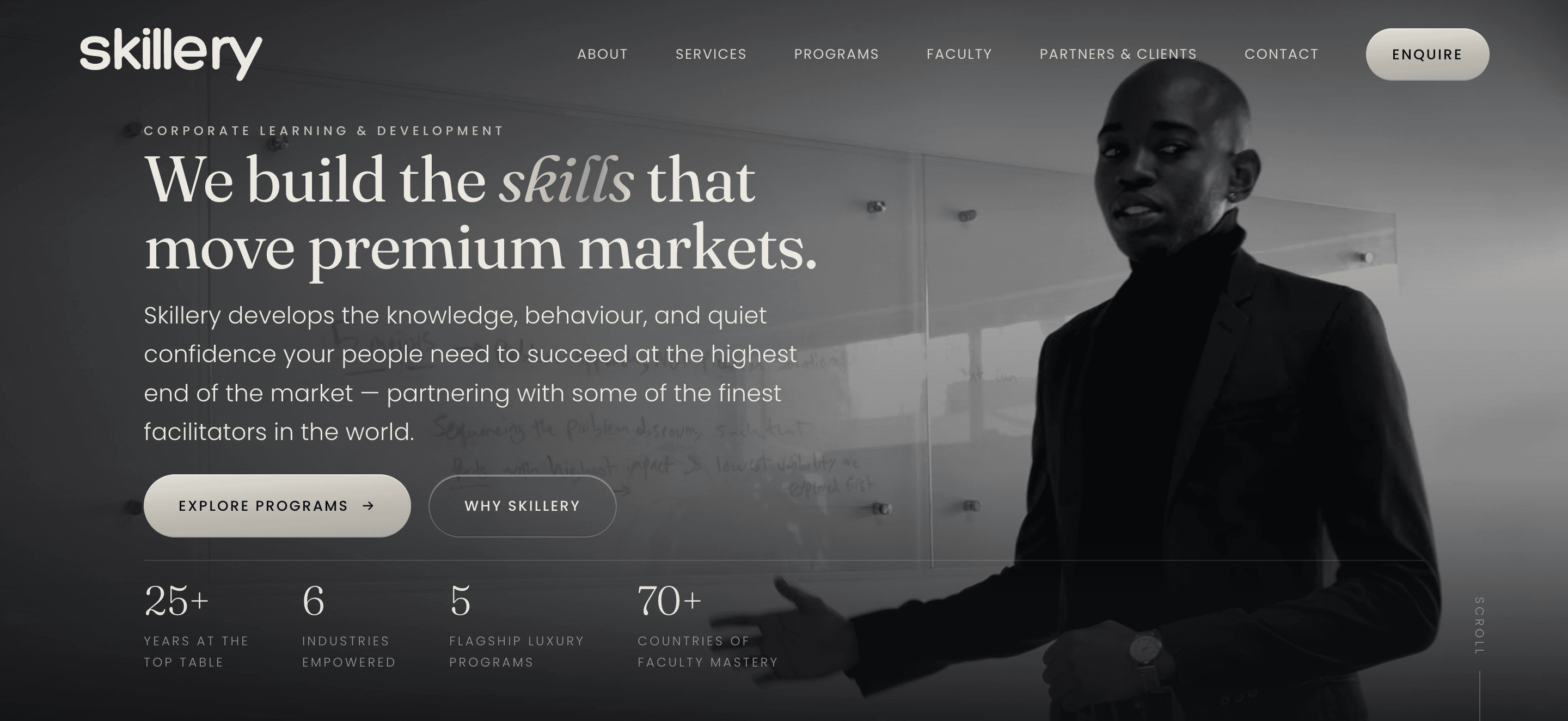 Skillery — Quiet-luxury editorial marketing site for a corporate L&D firm and its flagship luxury real-estate training suite.